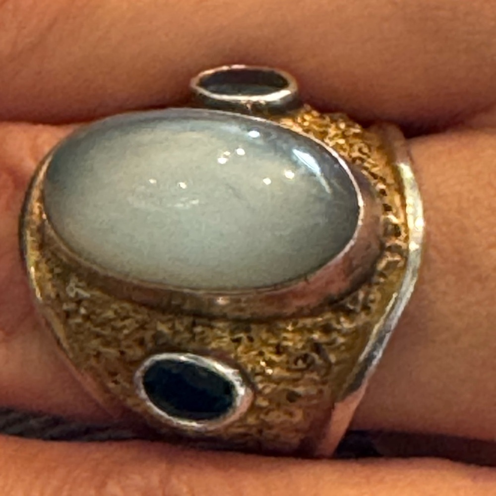 Grey Moonstone w small side sapphires Ring with Gold Plate Coloring